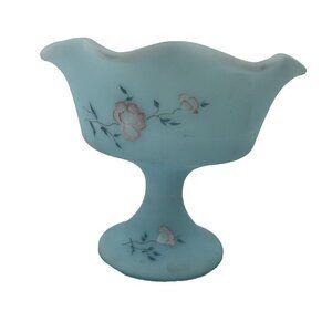 Fenton Hand Painted Signed Blue Custard Glass Compote Ruffled Edge Floral